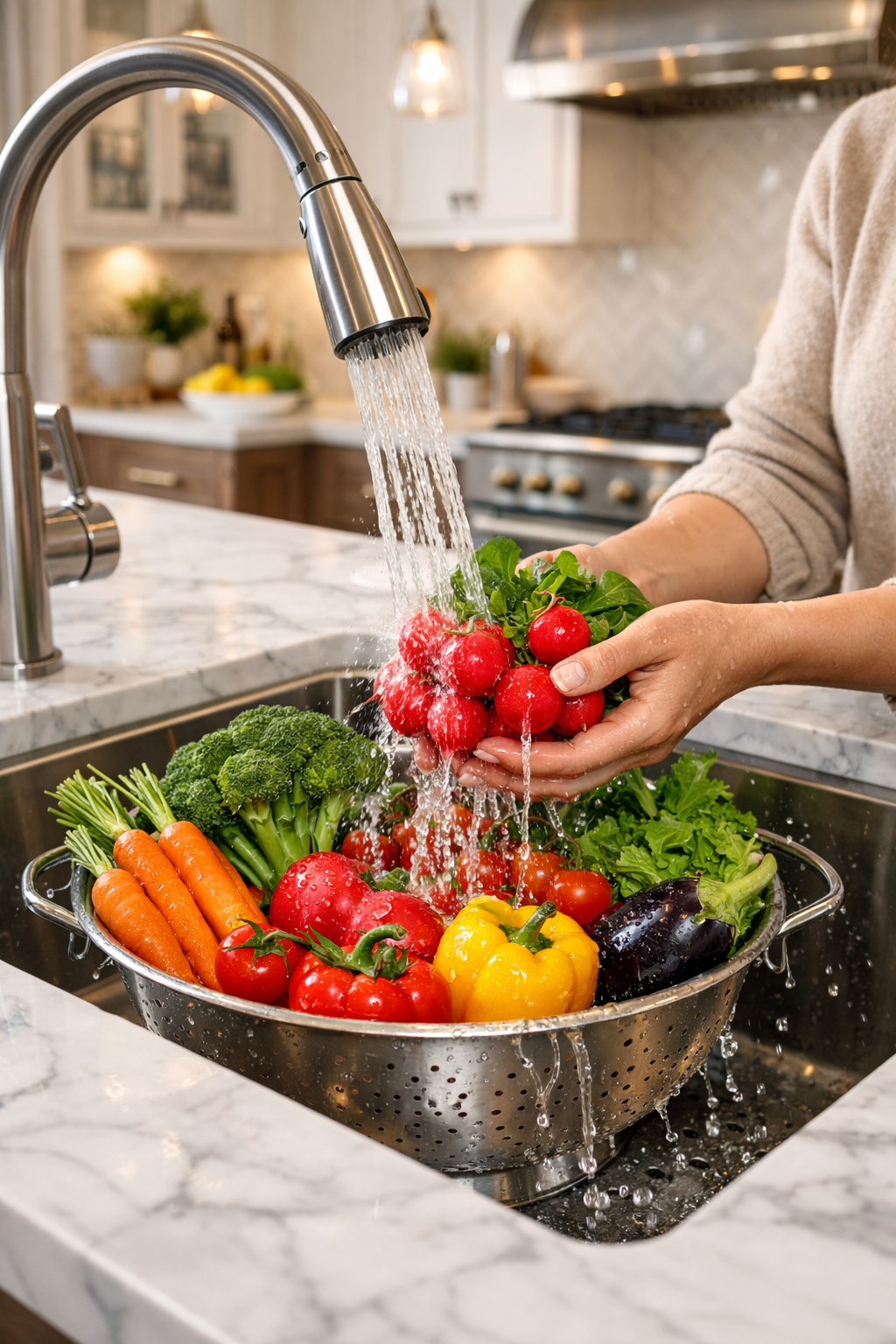 Washing vegetables with clean, filtered water